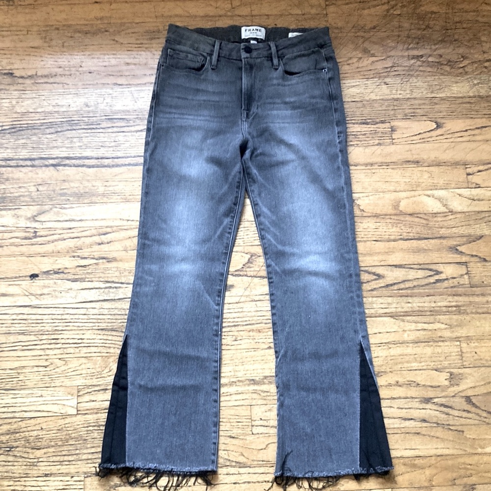 Frame Le Crop Mini Bootcut Gray x Black frayed bottom Denim Jeans size 28